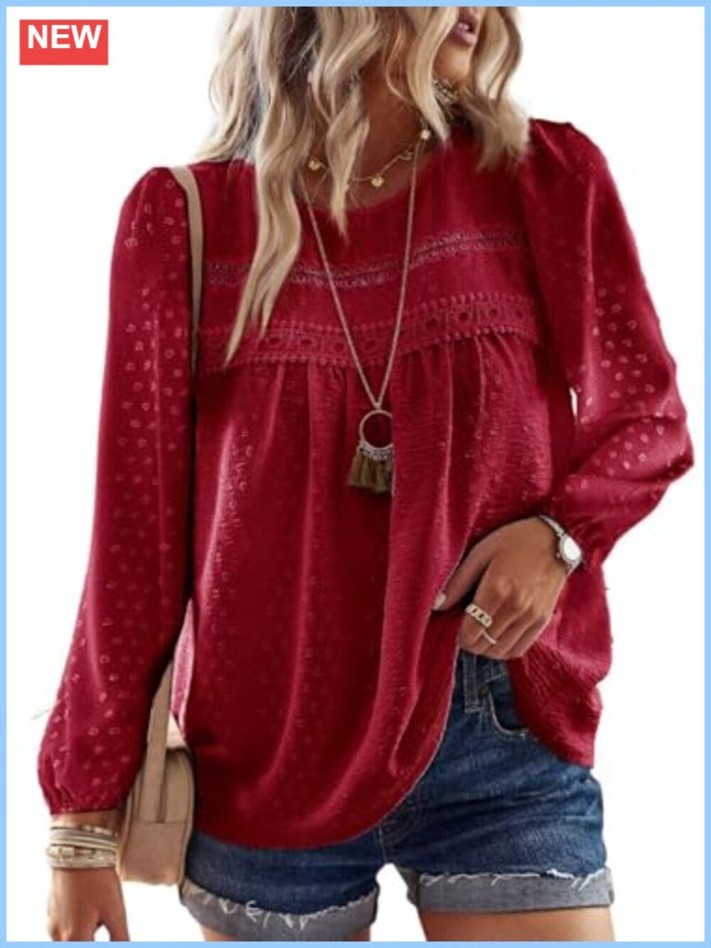 Falechay Womens Boho Peasant Top Crewneck Long Sleeve Crochet Lace Blouse